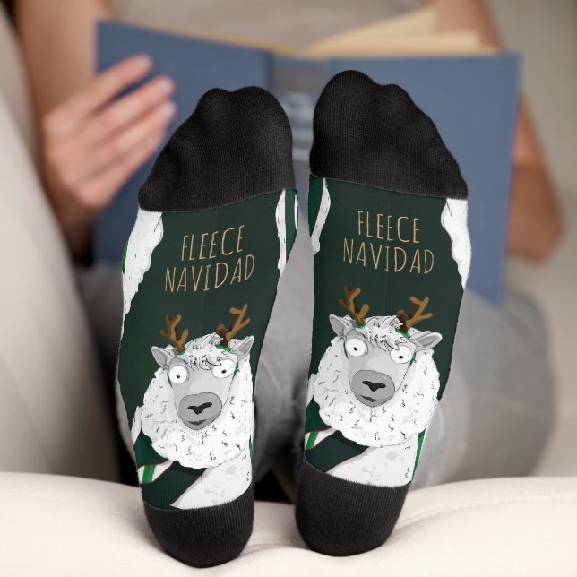 Funny Festive “Fleece Navidad” Sheep on Dark Green Socks (Bottom)