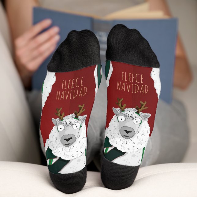Funny Festive “Fleece Navidad” Sheep on Red  Socks (Bottom)