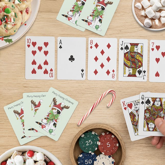 Funny Festive Green Calico Christmas Cat Playing Cards (Creator Uploaded)