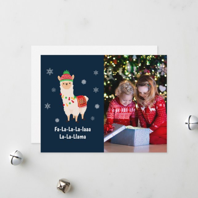 Funny Festive Llama Pun Photo Holiday Card (Front/Back In Situ)
