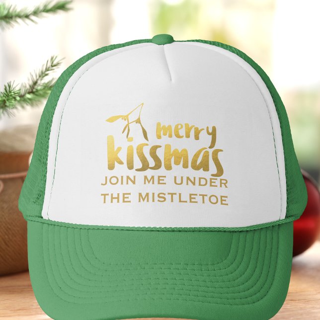 Funny Festive Mistletoe Kissing Trucker Hat (There's always room for more christmas kisses and this is the hat to wear)