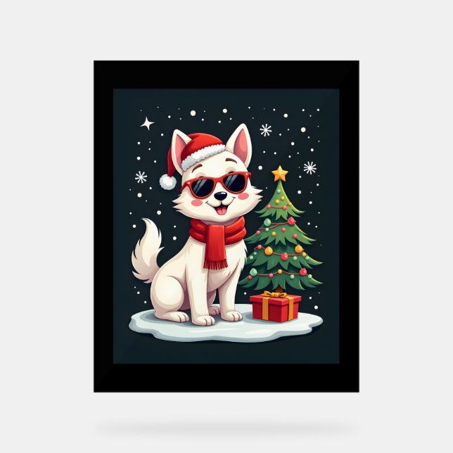 Funny Festive Sunglasses Dog with Christmas Tree C Acrylic Sign (Front)