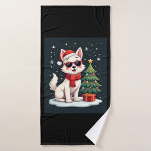 Funny Festive Sunglasses Dog with Christmas Tree C Bath Towel