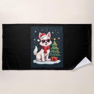 Funny Festive Sunglasses Dog with Christmas Tree C Beach Towel