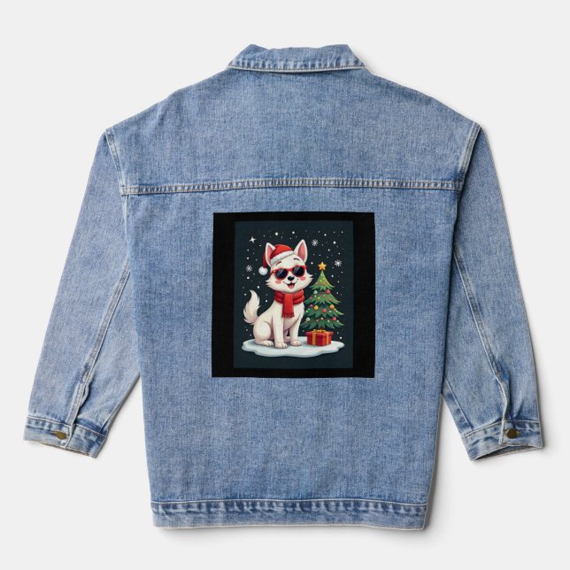Funny Festive Sunglasses Dog with Christmas Tree C Denim Jacket (Back)