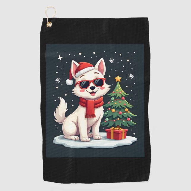 Funny Festive Sunglasses Dog with Christmas Tree C Golf Towel (Front)