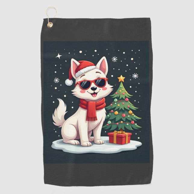 Funny Festive Sunglasses Dog with Christmas Tree C Golf Towel (Front)