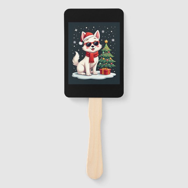Funny Festive Sunglasses Dog with Christmas Tree C Hand Fan (Front)