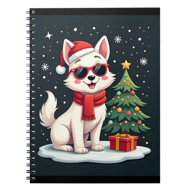 Funny Festive Sunglasses Dog with Christmas Tree C Notebook (Front)