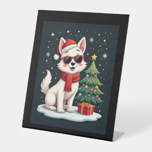 Funny Festive Sunglasses Dog with Christmas Tree C Pedestal Sign