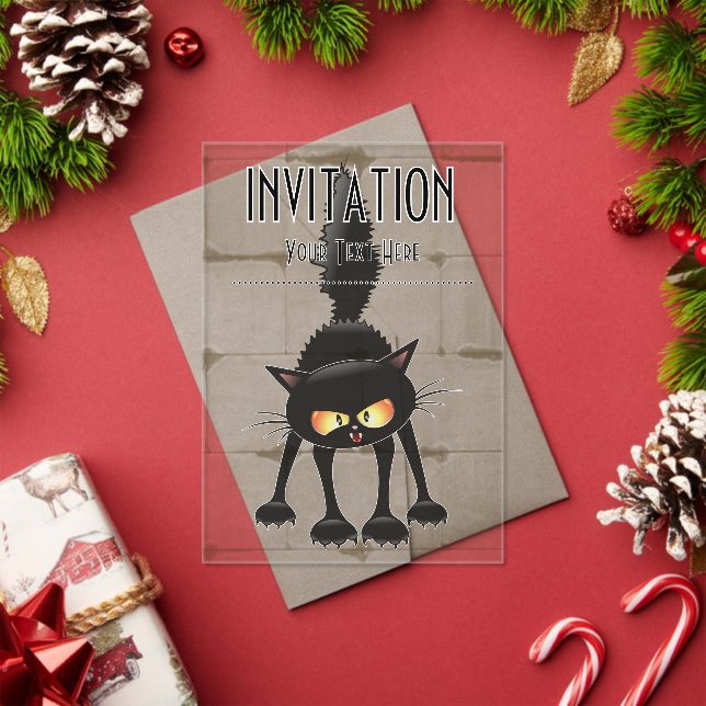Funny Fierce Black Cat Cartoon  Acrylic Invitations (Insitu (Holiday))