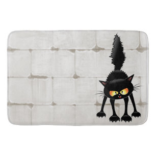 Funny Fierce Black Cat Cartoon  Bath Mat