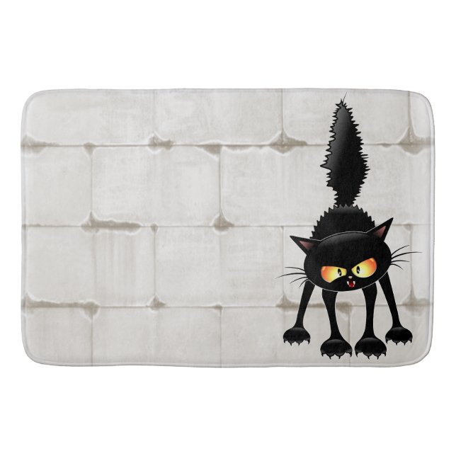 Funny Fierce Black Cat Cartoon  Bath Mat (Front)