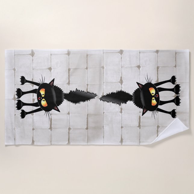 Funny Fierce Black Cat Cartoon  Beach Towel (Front)