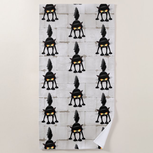 Funny Fierce Black Cat Cartoon  Beach Towel (Front)