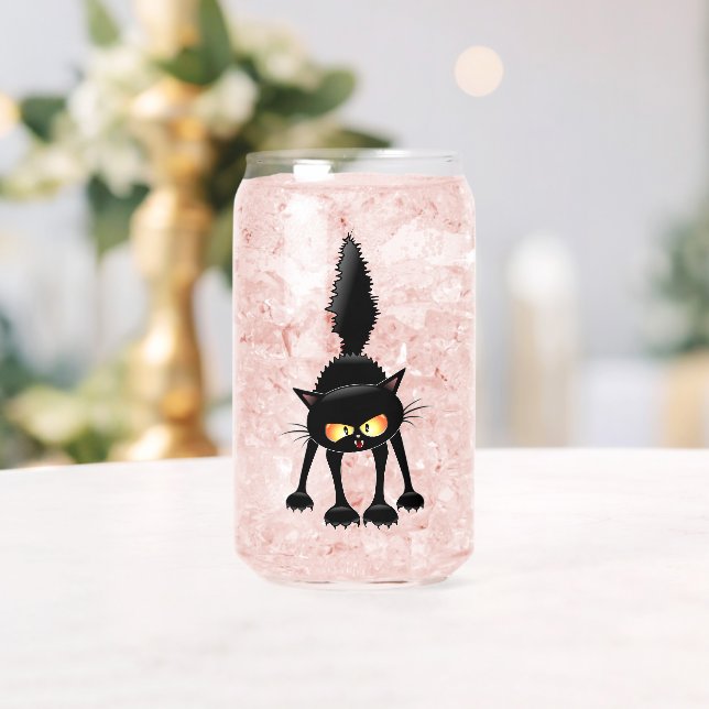 Funny Fierce Black Cat Cartoon  Can Glass (Insitu (Wedding))