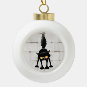 Funny Fierce Black Cat Cartoon  Ceramic Ball Christmas Ornament