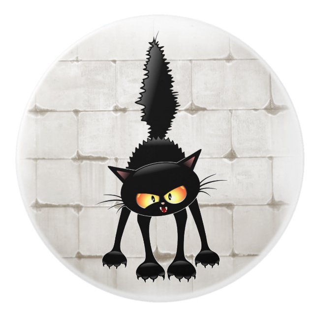 Funny Fierce Black Cat Cartoon  Ceramic Knob (Front)