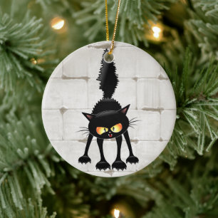 Funny Fierce Black Cat Cartoon  Ceramic Ornament