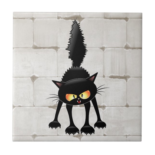 Funny Fierce Black Cat Cartoon  Ceramic Tile (Front)