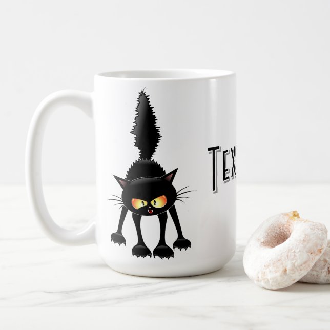 Funny Fierce Black Cat Cartoon  Coffee Mug (With Donut)