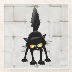 Funny Fierce Black Cat Cartoon  Glass Coaster