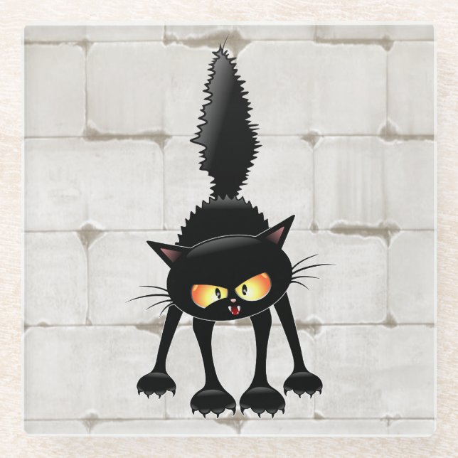 Funny Fierce Black Cat Cartoon  Glass Coaster (Front)