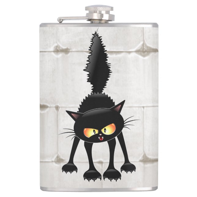 Funny Fierce Black Cat Cartoon  Hip Flask (Front)
