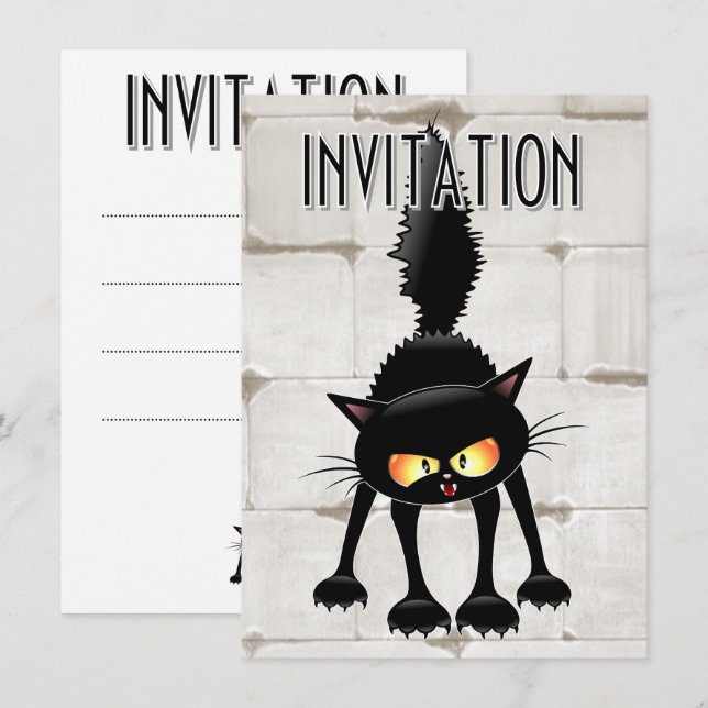 Funny Fierce Black Cat Cartoon  Invitation (Front/Back)