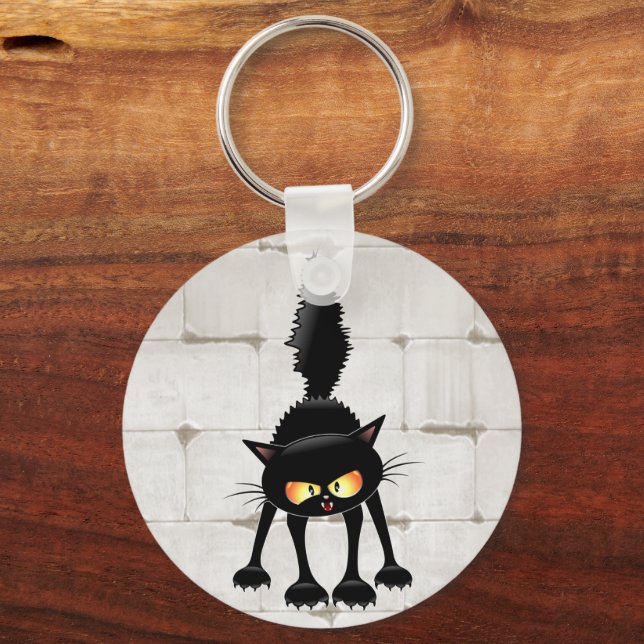 Funny Fierce Black Cat Cartoon  Key Ring (Front)