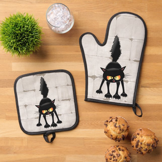 Funny Fierce Black Cat Cartoon  Oven Mitt & Pot Holder Set (Top Down)
