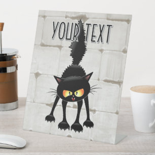 Funny Fierce Black Cat Cartoon Pedestal Sign