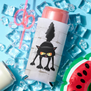 Funny Fierce Black Cat Cartoon Seltzer Can Cooler