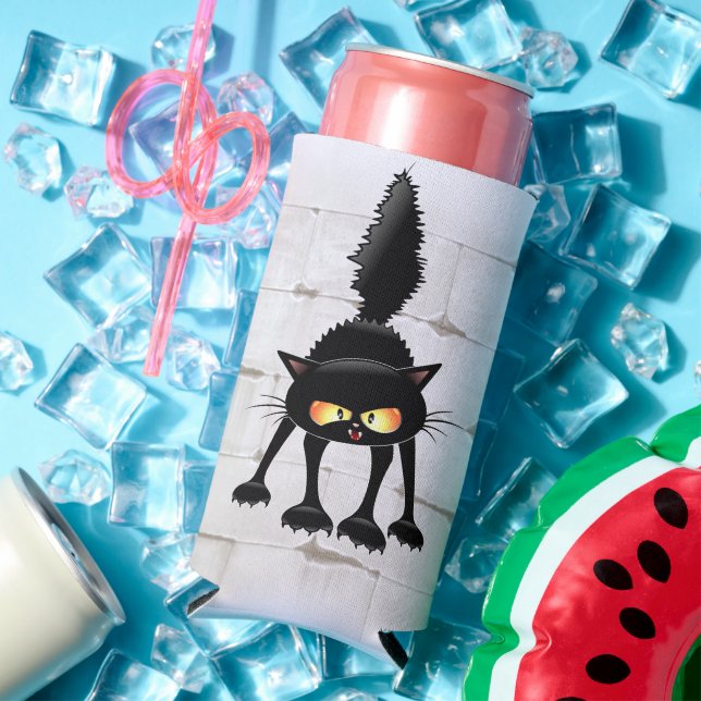 Funny Fierce Black Cat Cartoon  Seltzer Can Cooler (In Situ Summer)