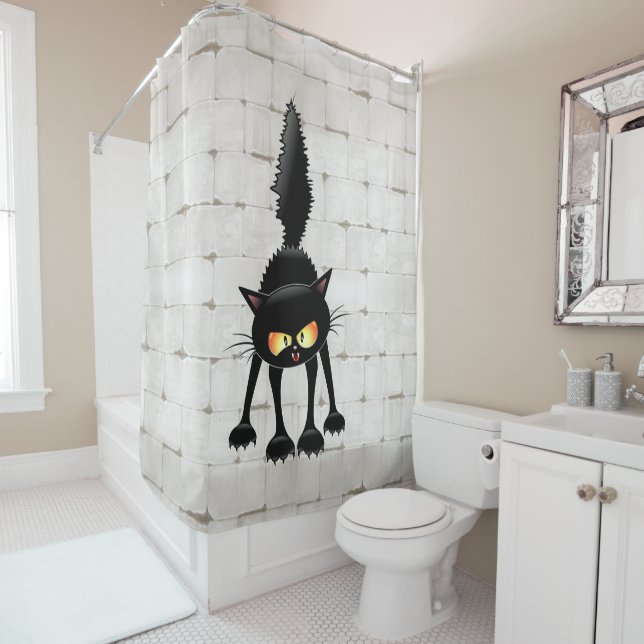 Funny Fierce Black Cat Cartoon  Shower Curtain (In Situ)