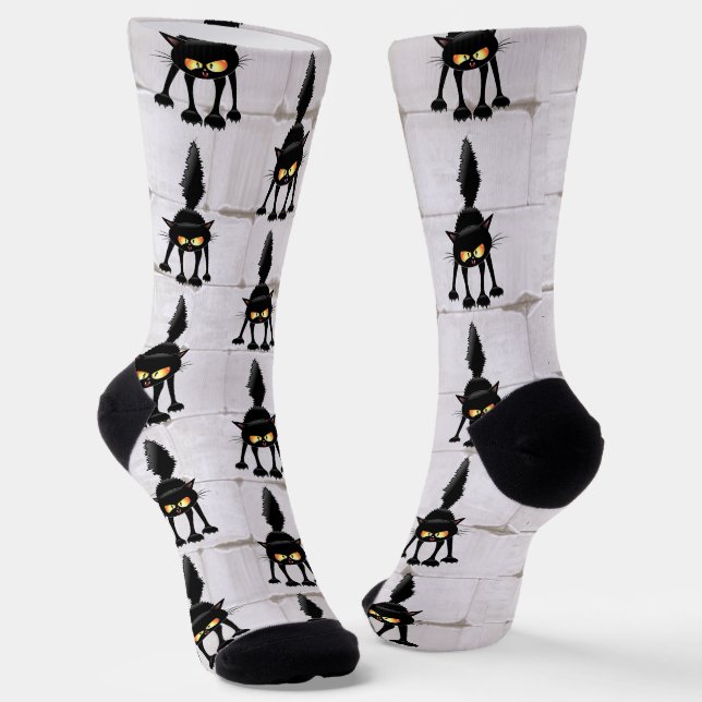 Funny Fierce Black Cat Cartoon  Socks (Angled)