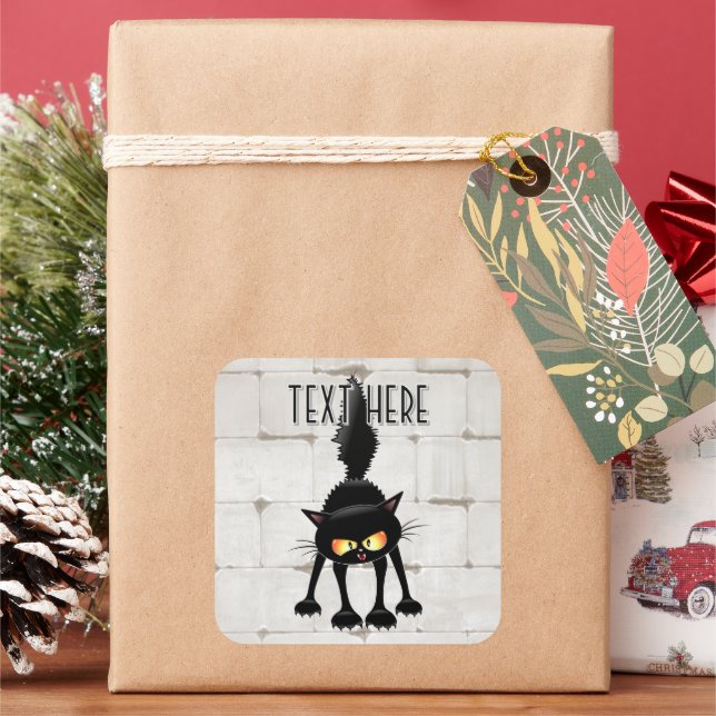 Funny Fierce Black Cat Cartoon  Square Sticker (Holiday)