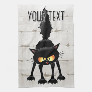 Funny Fierce Black Cat Cartoon Tea Towel