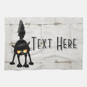 Funny Fierce Black Cat Cartoon Tea Towel