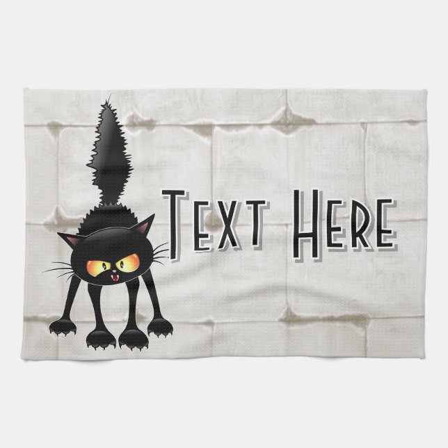 Funny Fierce Black Cat Cartoon  Tea Towel (Horizontal)