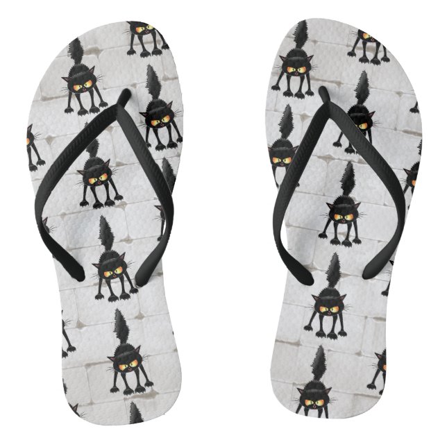 Funny Fierce Black Cat Cartoon  Thongs (Footbed)
