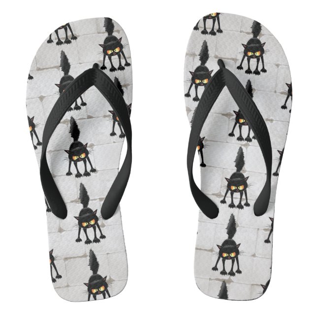 Funny Fierce Black Cat Cartoon  Thongs (Footbed)