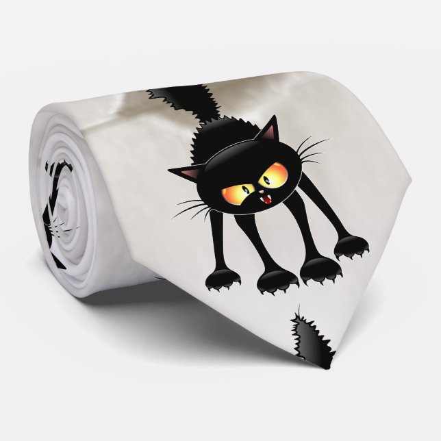 Funny Fierce Black Cat Cartoon  Tie (Rolled)