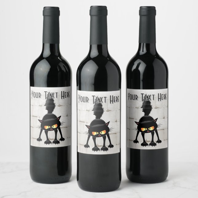 Funny Fierce Black Cat Cartoon  Wine Label (Bottles)