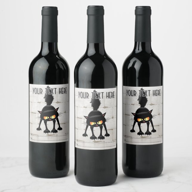 Funny Fierce Black Cat Cartoon  Wine Label (Bottles)