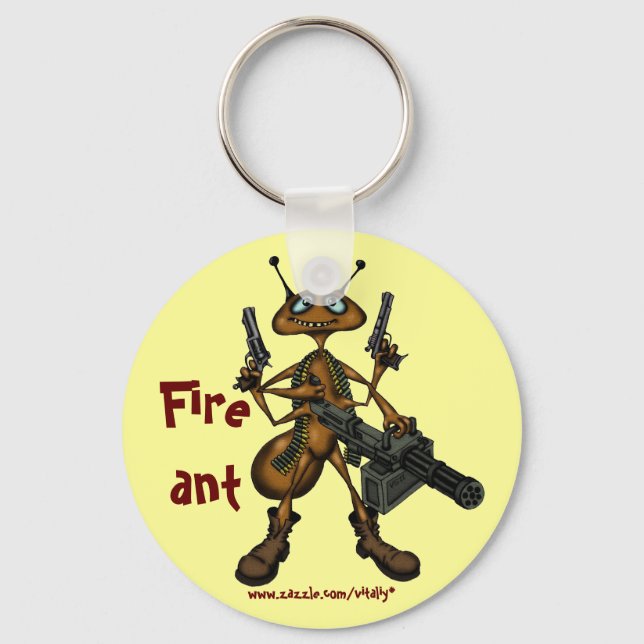 Funny fire ant with guns cartoon art keychain (Front)