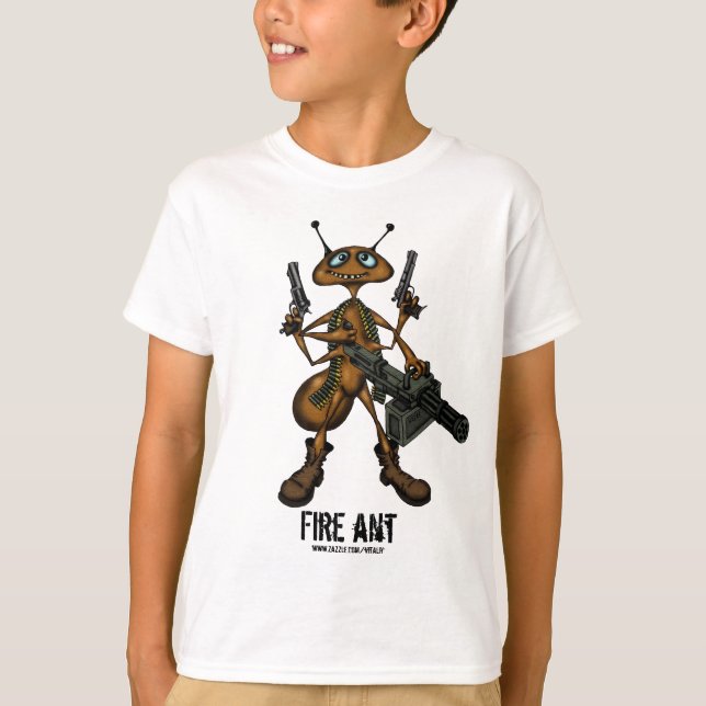 Funny fire ant with guns cartoon drawing t-shirt (Front)
