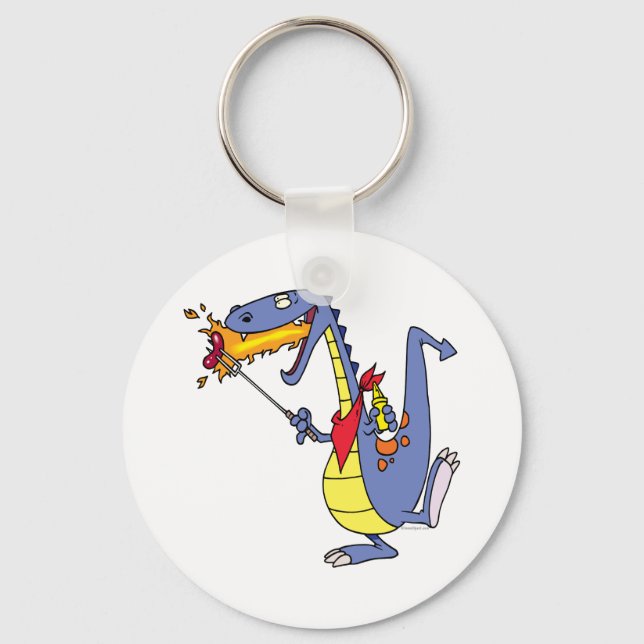 funny fire cooking hot dogs dragon cartoon key ring (Front)