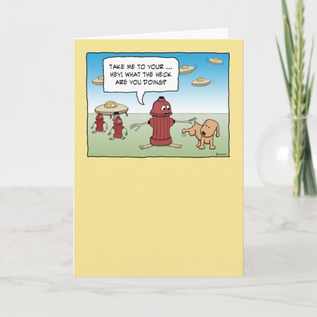 Funny Fire Hydrant Aliens and Dog Birthday Card (Front)