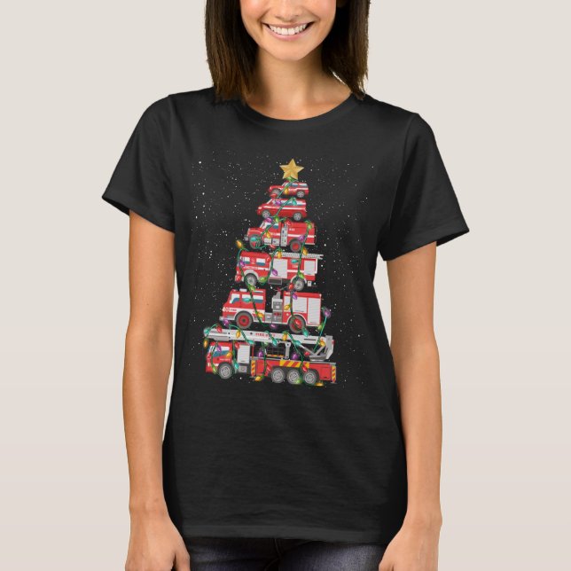 Funny Firefighter Tree Fire Truck Christmas Merry  T-Shirt (Front)